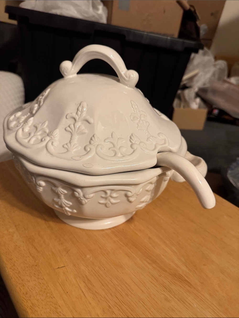 Embossed 'BICO CHINA' White Ceramic Tureen,lid & Ladle